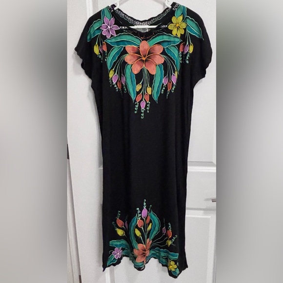 Bali Moon Floral Flowy Black Shift Dress  embroidered trim flowers - Picture 2 of 8